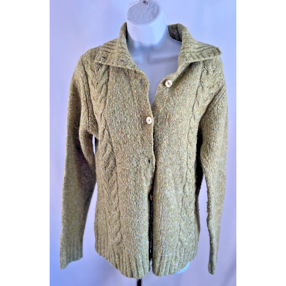 Womens L.L. Bean Wool Blend Cardigan Cowl Neck Sweater Green Size Medium Regular